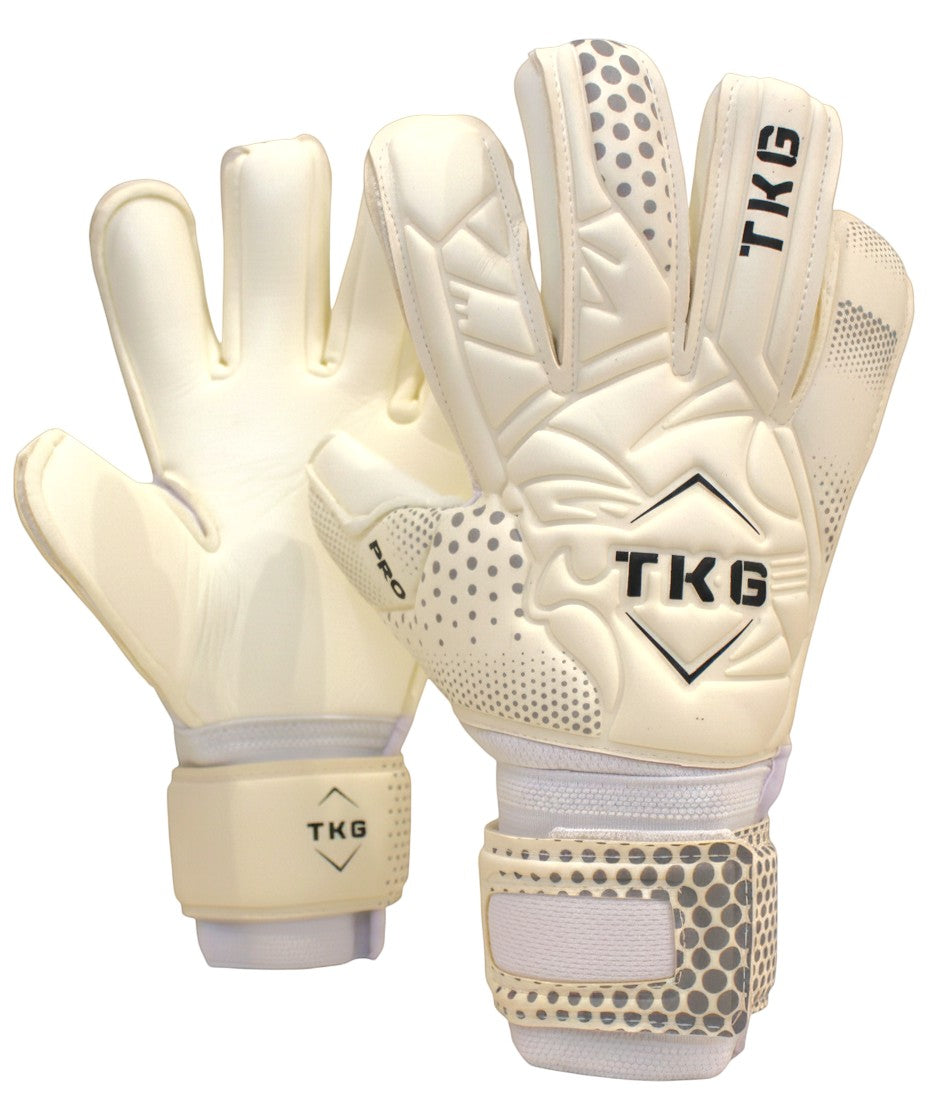 TOTAL KEEPERS GOTI PRO cream goalkeeper gloves with grey detailing and adjustable wrist strap for professional performance.