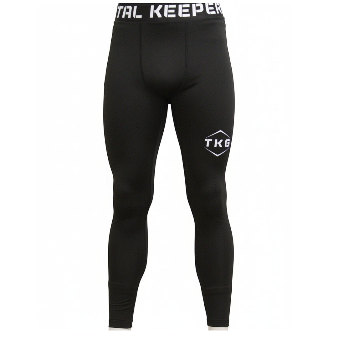 TOTAL KEEPERS black compression thermal leggings with TKG logo detail.