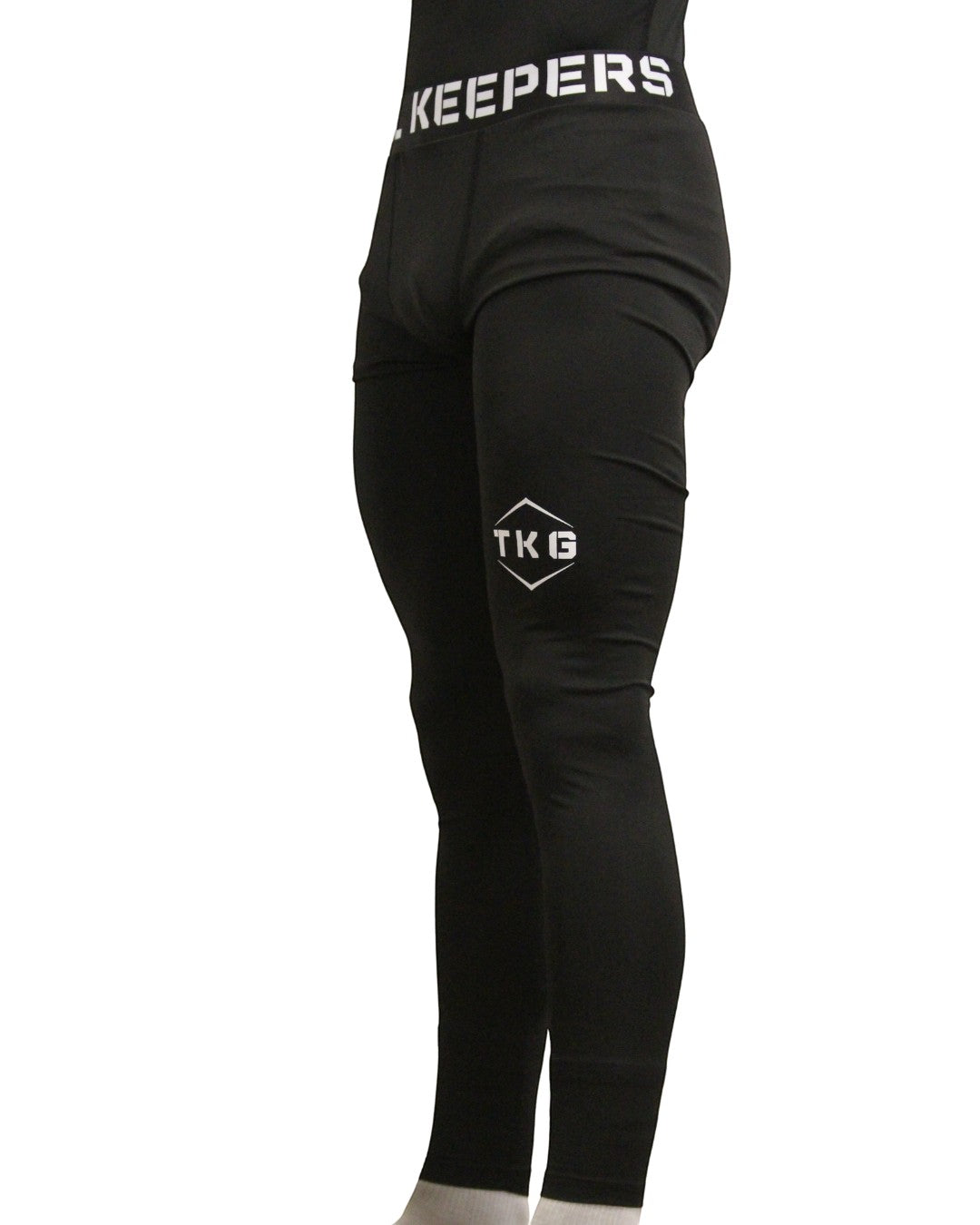 TOTAL KEEPERS black compression thermal leggings with TKG logo on thigh and branded waistband.