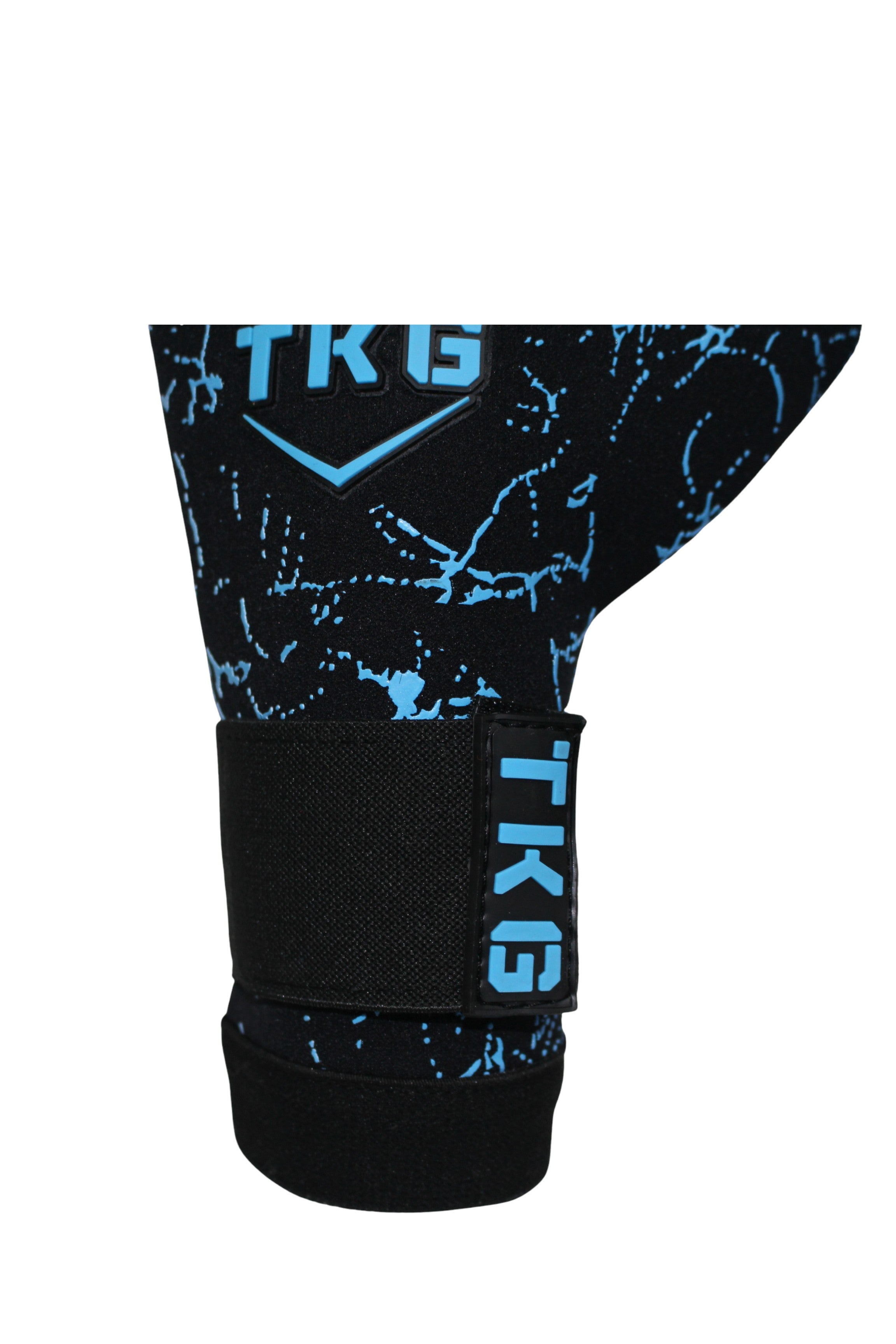 TOTAL KEEPERS GEKKO AQUA black neoprene goalkeeper gloves with blue abstract pattern and adjustable wrist strap.