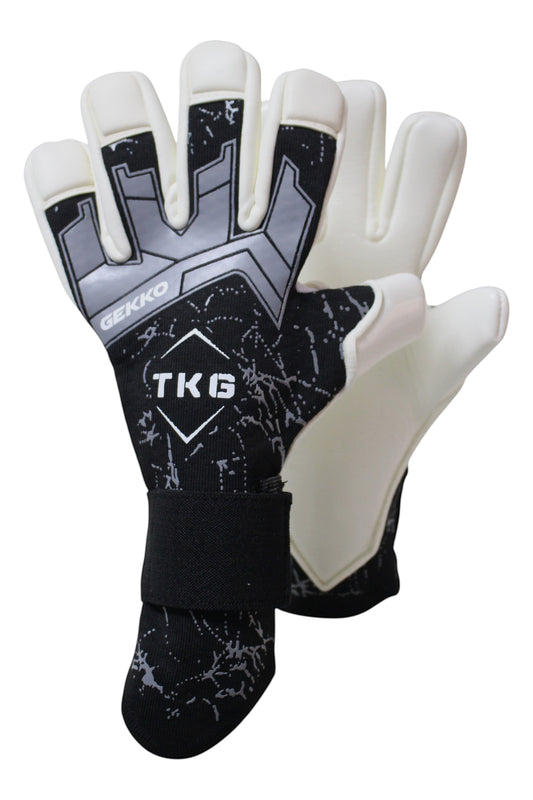 TOTAL KEEPERS GEKKO PRO black and white goalkeeper gloves with negative cut and removable wrist straps.