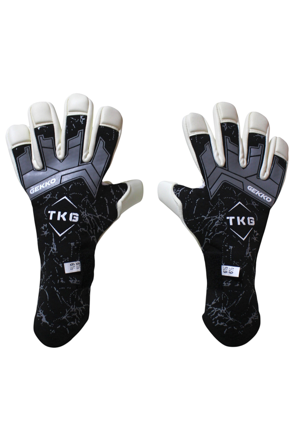 TOTAL KEEPERS GEKKO PRO black and grey goalkeeper gloves with white palms and removable wrist straps. Negative cut for perfect fit.