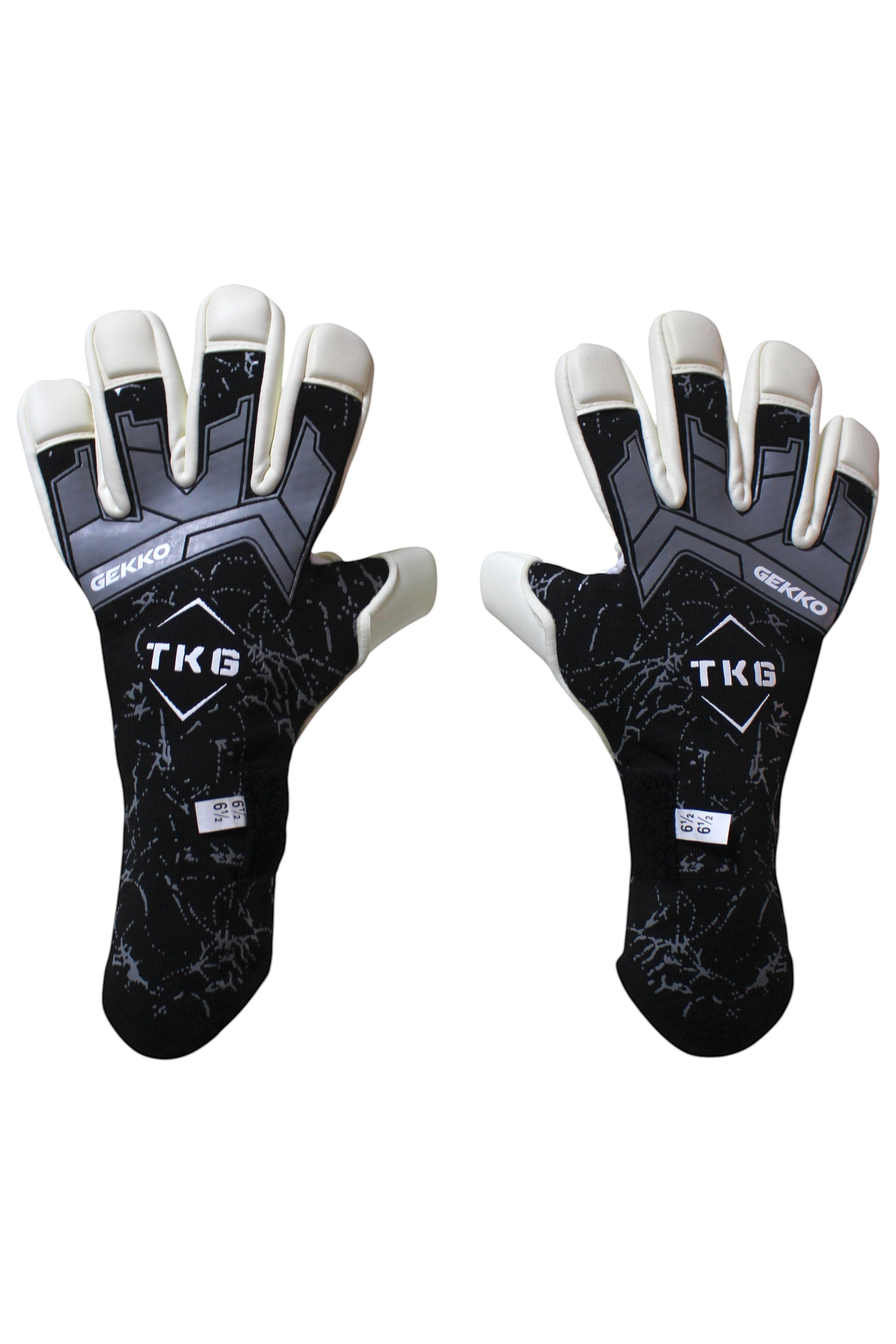 TOTAL KEEPERS GEKKO PRO black and grey goalkeeper gloves with white palms and removable wrist straps. Negative cut for perfect fit.