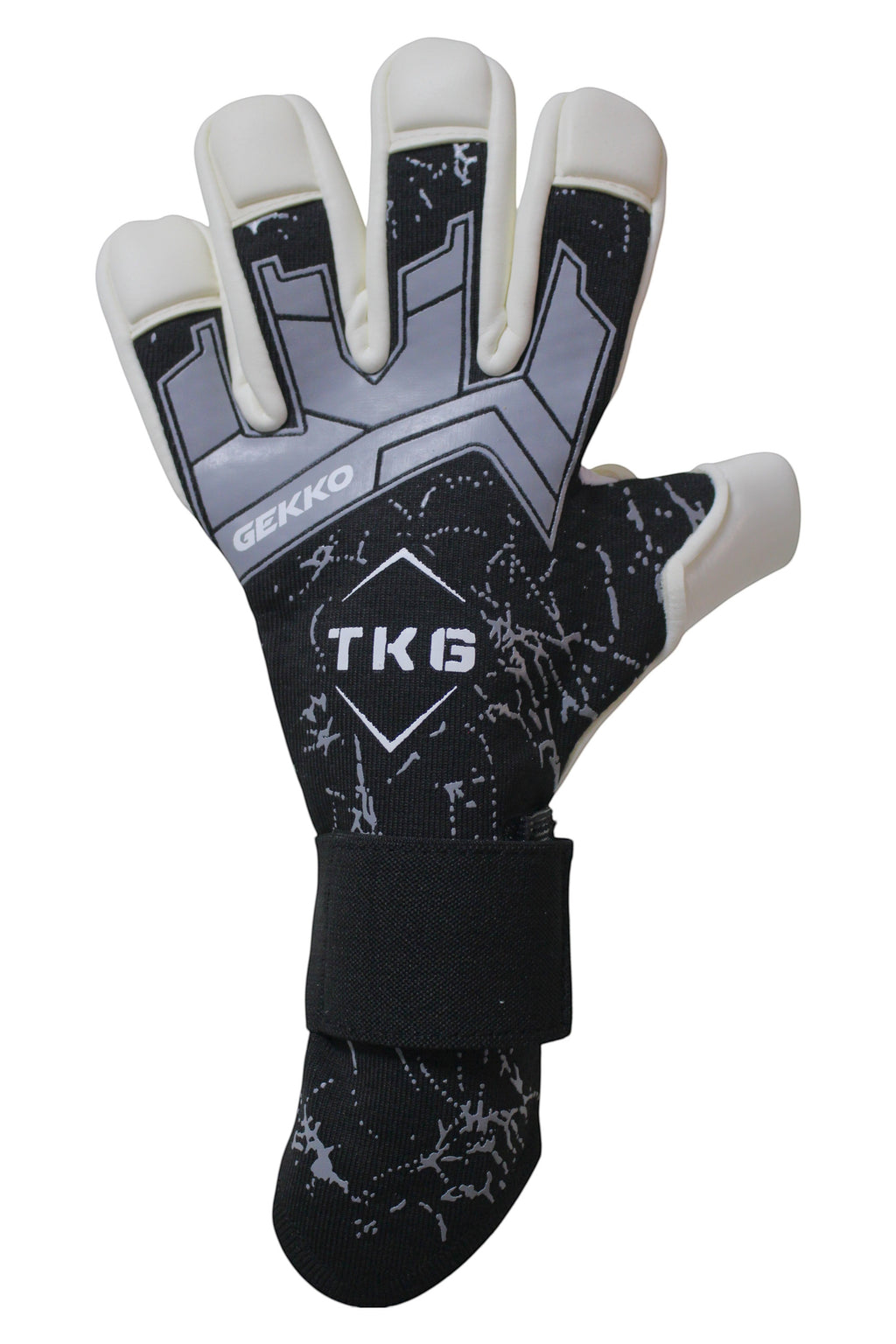 TOTAL KEEPERS GEKKO PRO black knit goalkeeper gloves with white latex palm and removable wrist strap.