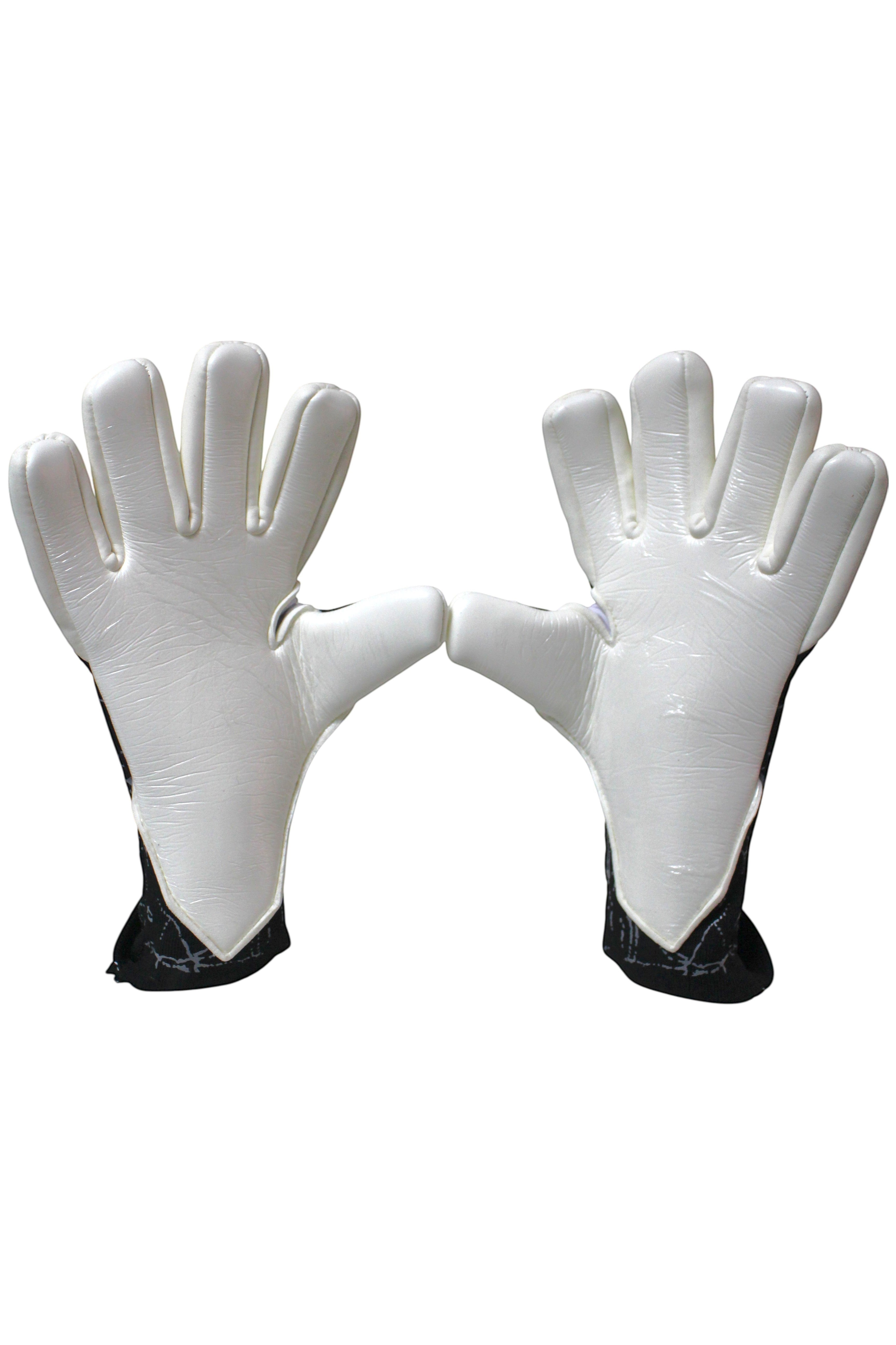 TOTAL KEEPERS GEKKO PRO white goalkeeper gloves with negative cut and removable wrist straps. Premium latex palm.