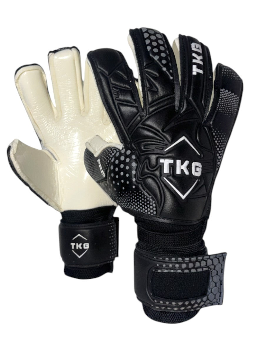 TOTAL KEEPERS GOTI PRO black latex goalkeeper gloves with white palm and roll negative cut for a perfect fit.