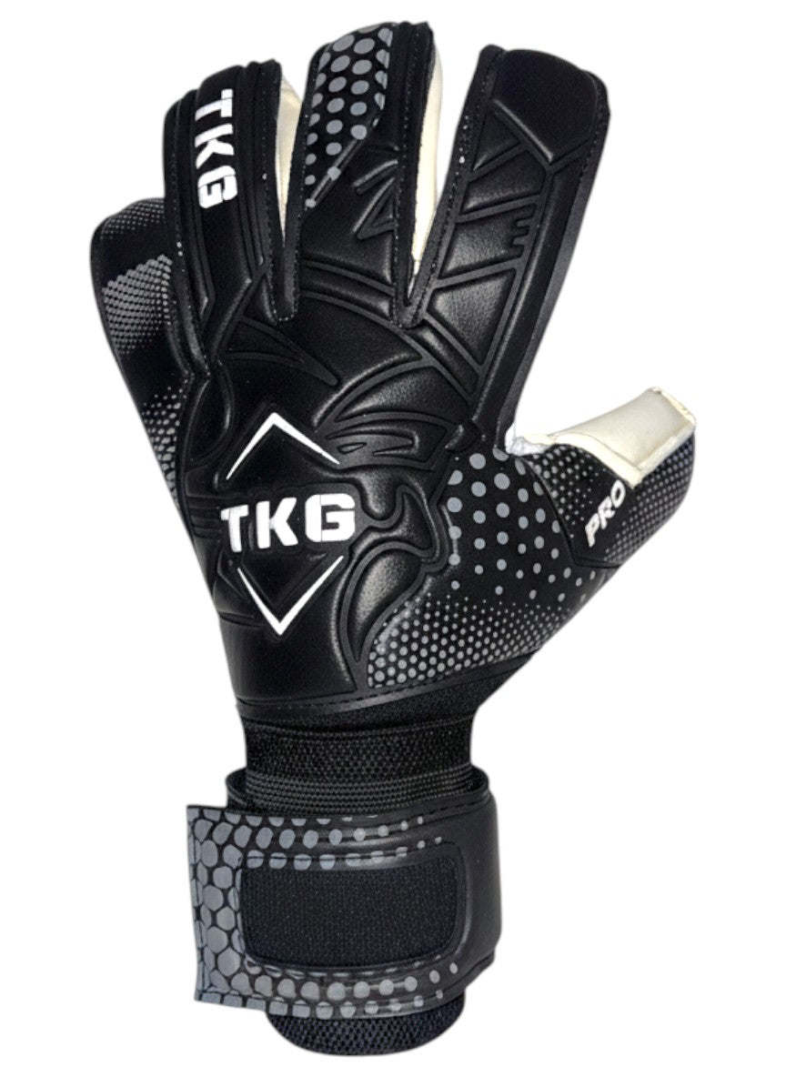 TOTAL KEEPERS GOTI PRO black latex goalkeeper gloves with roll negative cut and reinforced finger spines for added protection.