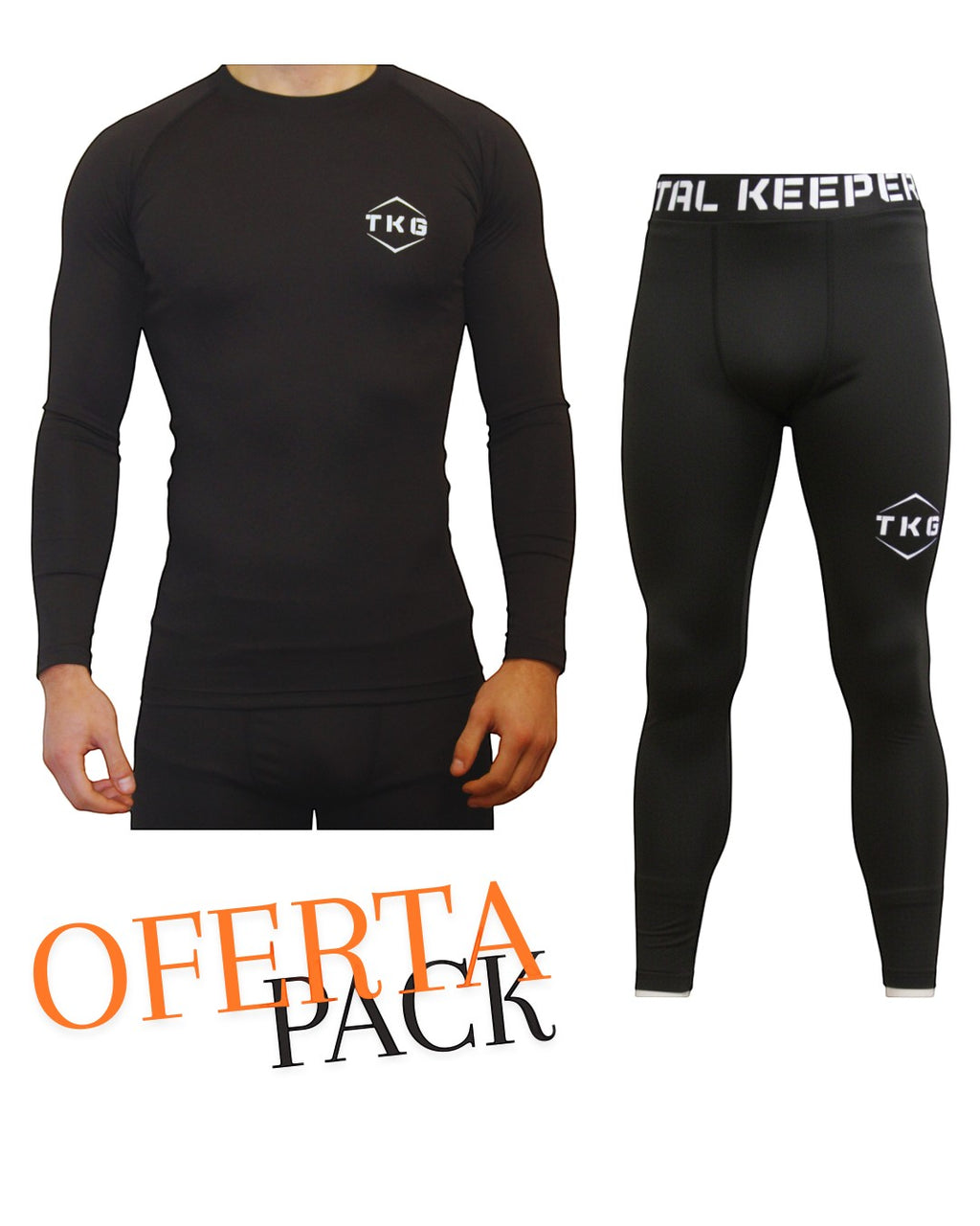 TOTAL KEEPERS black compression thermal long sleeve shirt and leggings set with TKG logo.