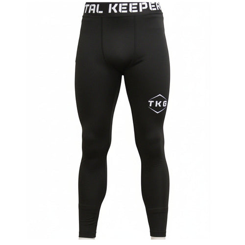TOTAL KEEPERS black compression tights with TKG logo on thigh, ideal for high-intensity training.