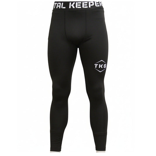 TOTAL KEEPERS black compression tights with TKG logo on thigh, ideal for high-intensity training.