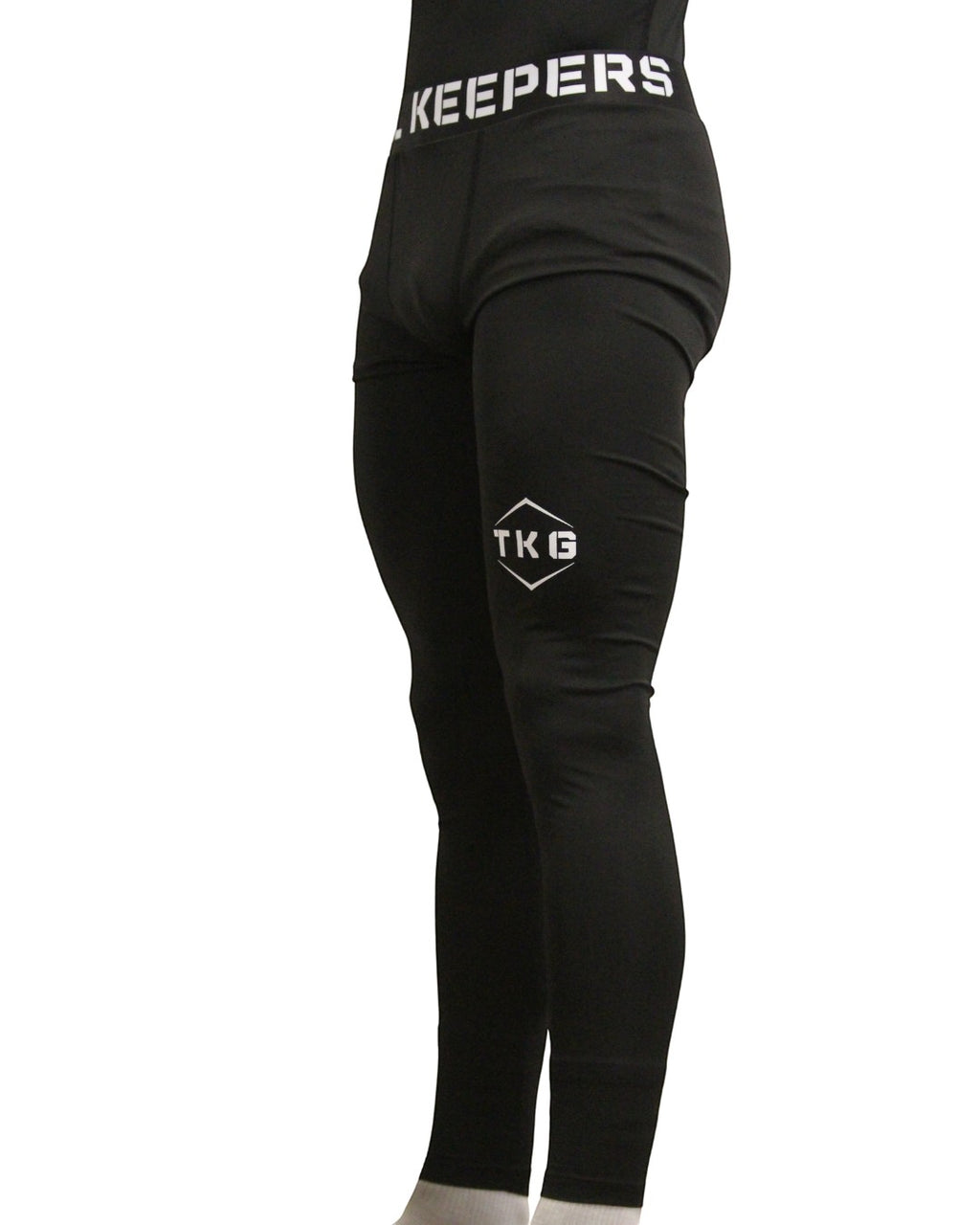 TOTAL KEEPERS black compression tights with TKG logo on thigh, ideal for high-intensity training.