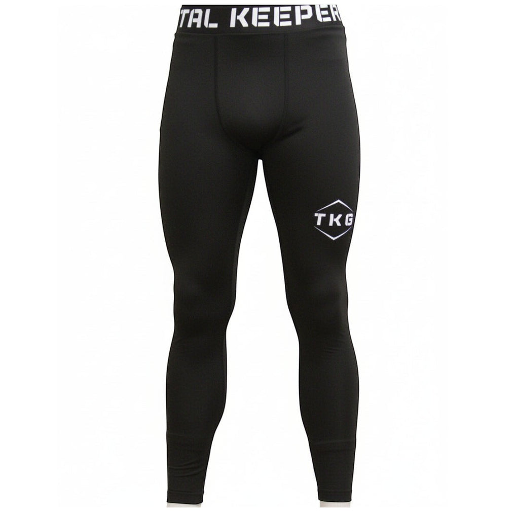 TOTAL KEEPERS black compression tights with TKG logo on thigh, ideal for high-intensity training.