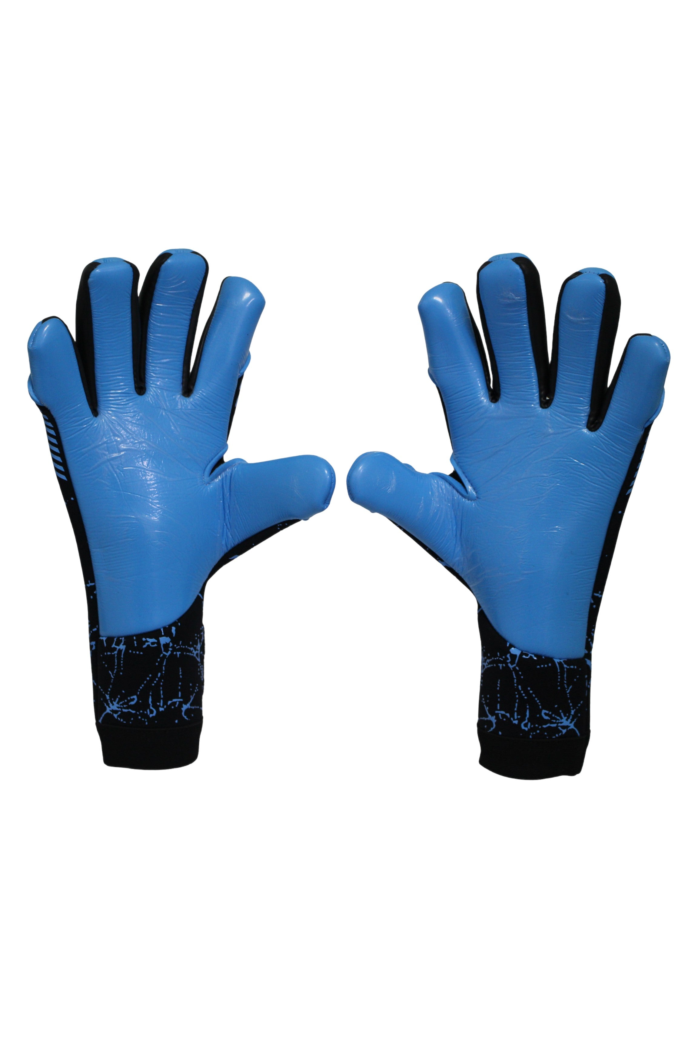 TOTAL KEEPERS GEKKO AQUA blue neoprene goalkeeper gloves with black cuff and graphic print. Designed for wet conditions.