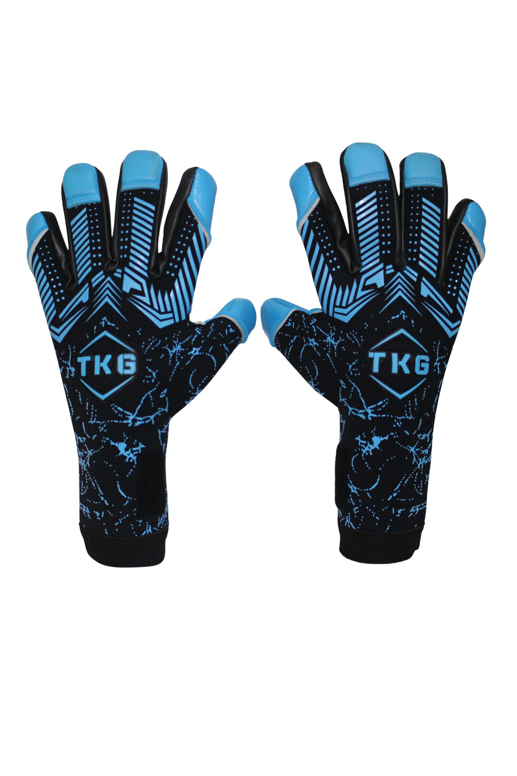 TOTAL KEEPERS GEKKO AQUA black neoprene goalkeeper gloves with blue accents and TKG logo. Designed for wet conditions.