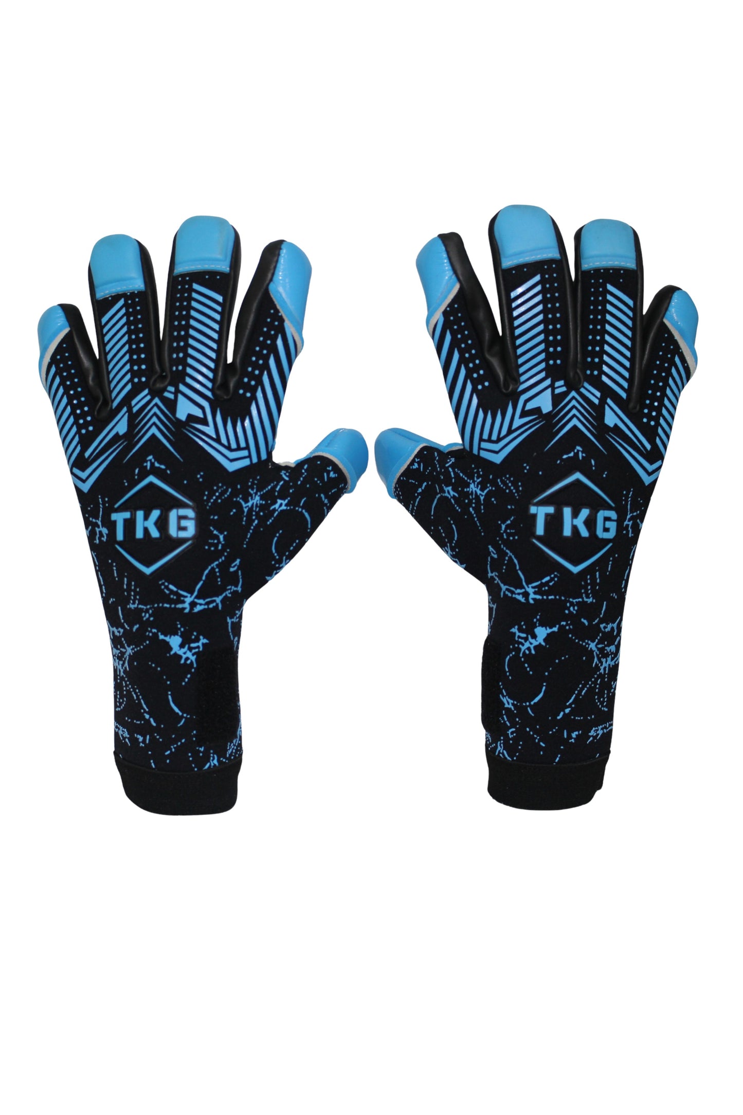 TOTAL KEEPERS GEKKO AQUA black neoprene goalkeeper gloves with blue accents and TKG logo. Designed for wet conditions.