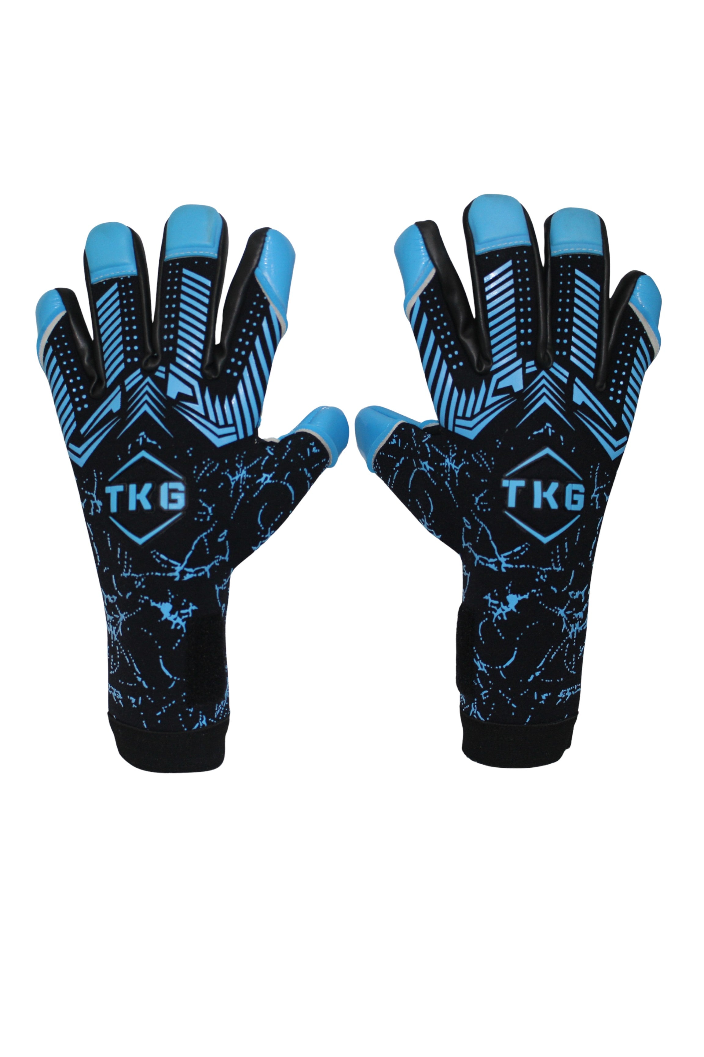 TOTAL KEEPERS GEKKO AQUA black neoprene goalkeeper gloves with blue accents and TKG logo. Designed for wet conditions.