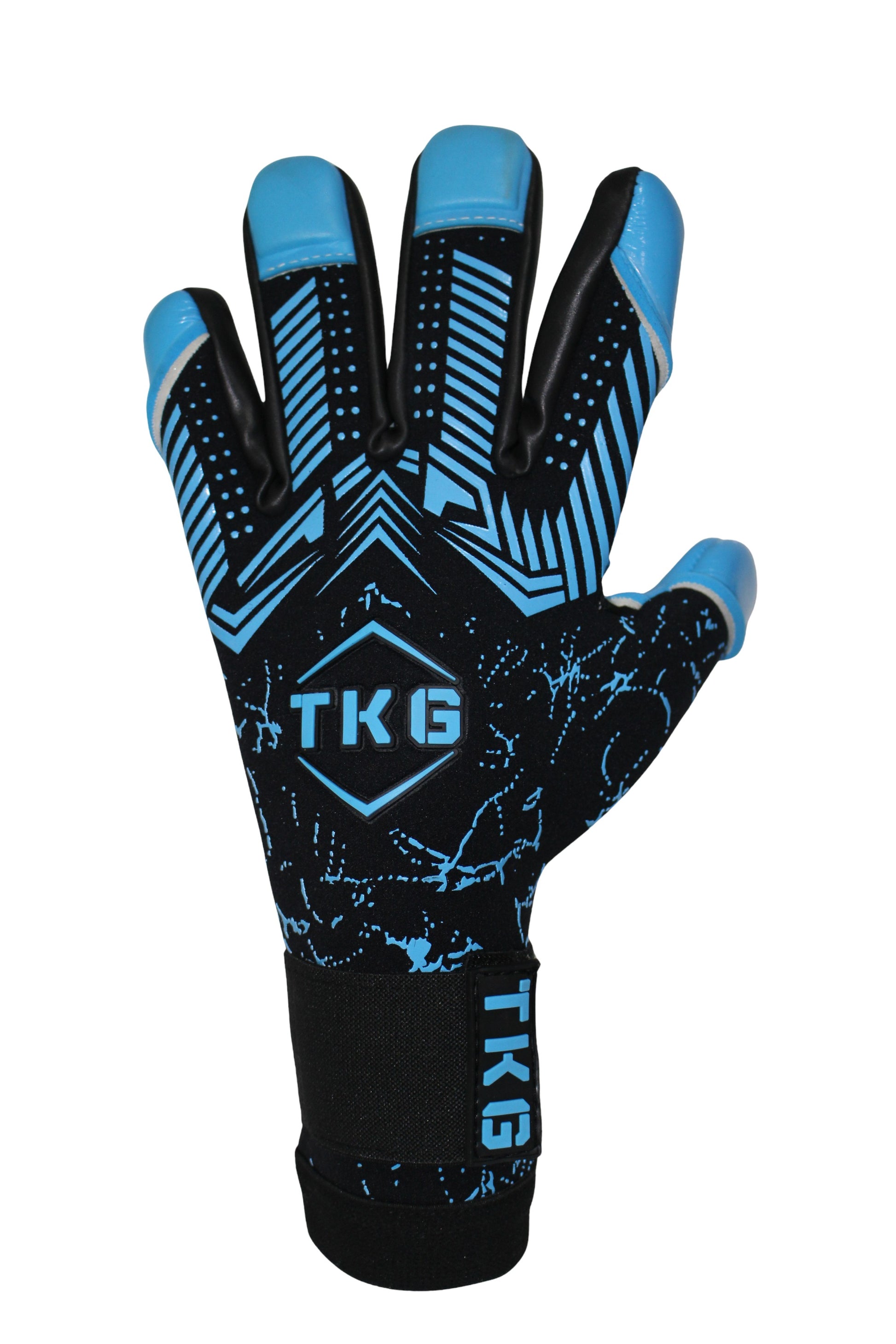 TOTAL KEEPERS GEKKO AQUA black and blue neoprene goalkeeper gloves with latex grip for wet conditions.