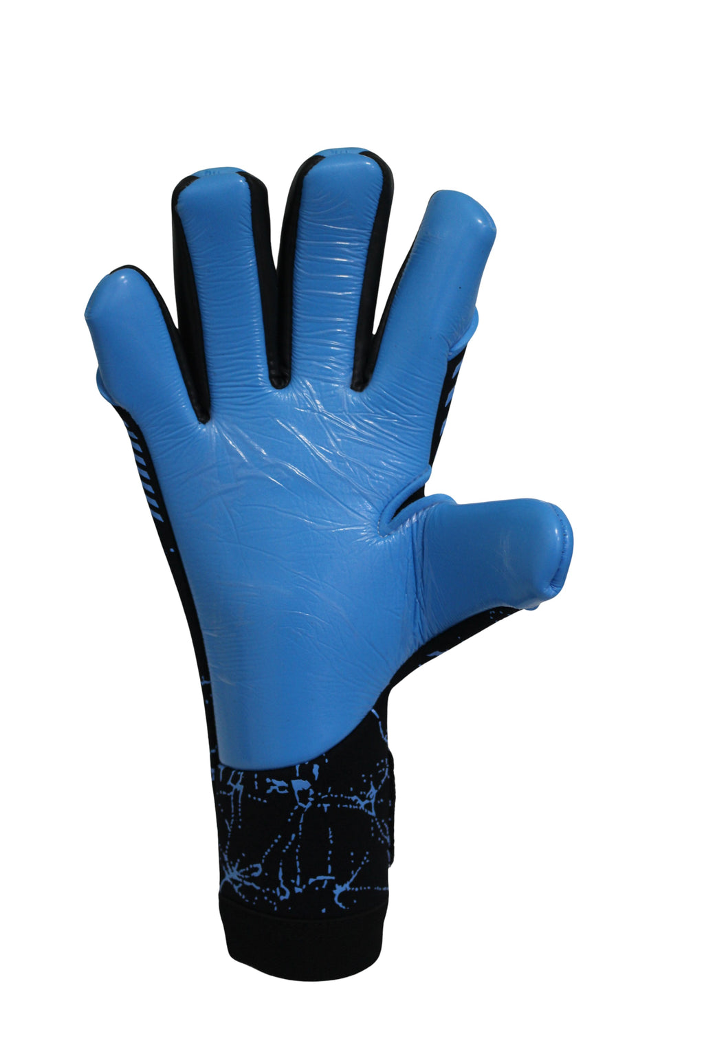 TOTAL KEEPERS GEKKO AQUA blue neoprene goalkeeper gloves with black abstract print cuff and latex palm for wet conditions.