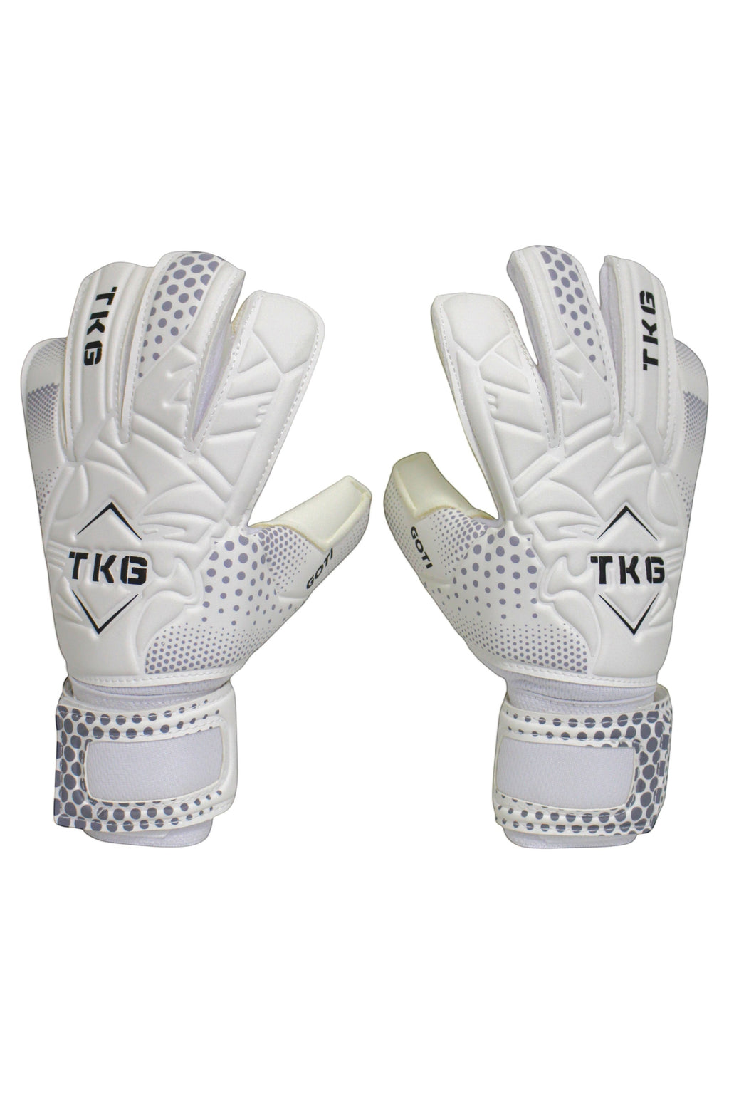 TOTAL KEEPERS GOTI TRAIN white goalkeeper gloves with grey dot pattern and TKG logo, ideal for training and initiation.