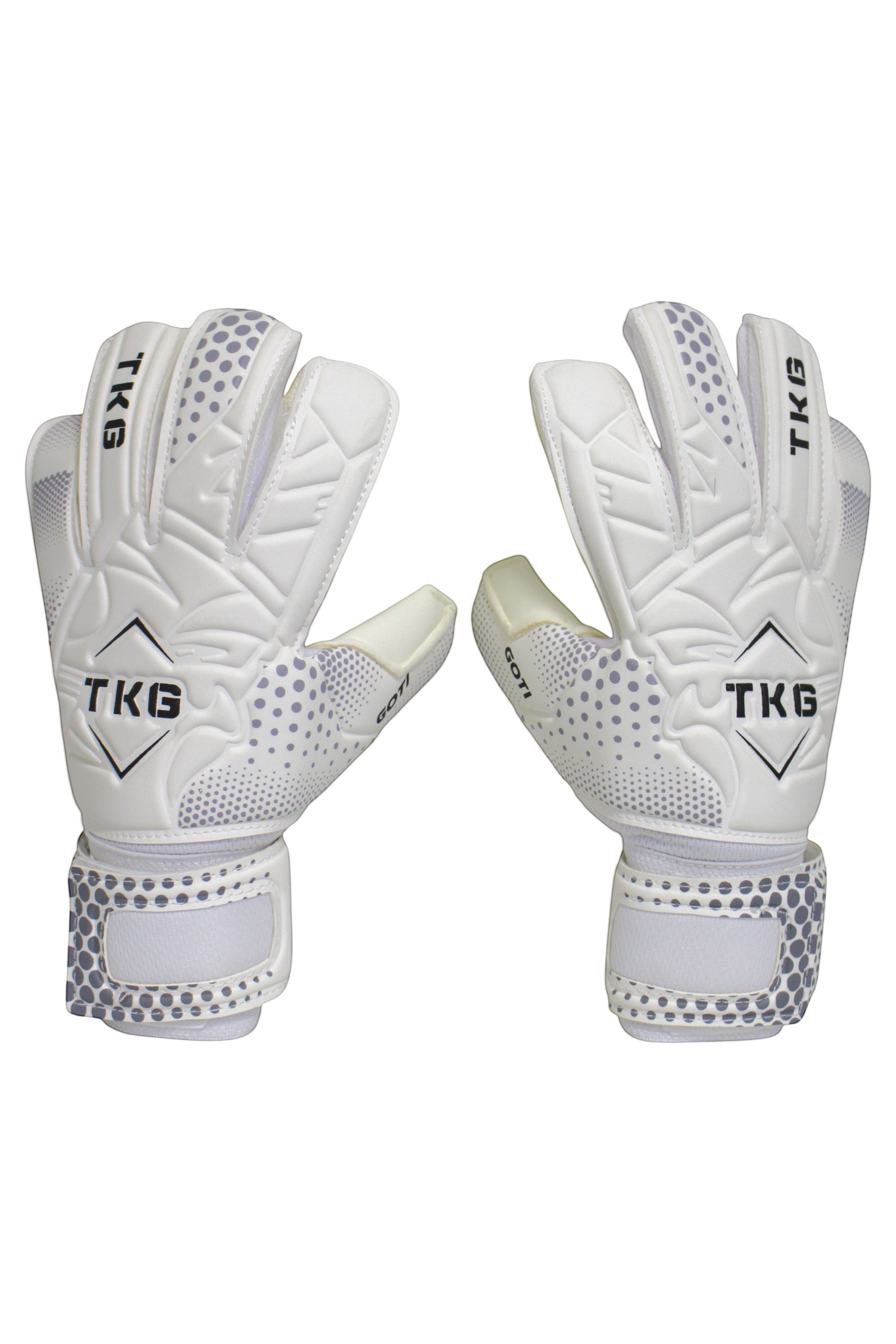 TOTAL KEEPERS GOTI TRAIN white goalkeeper gloves with grey dot pattern and TKG logo, ideal for training and initiation.