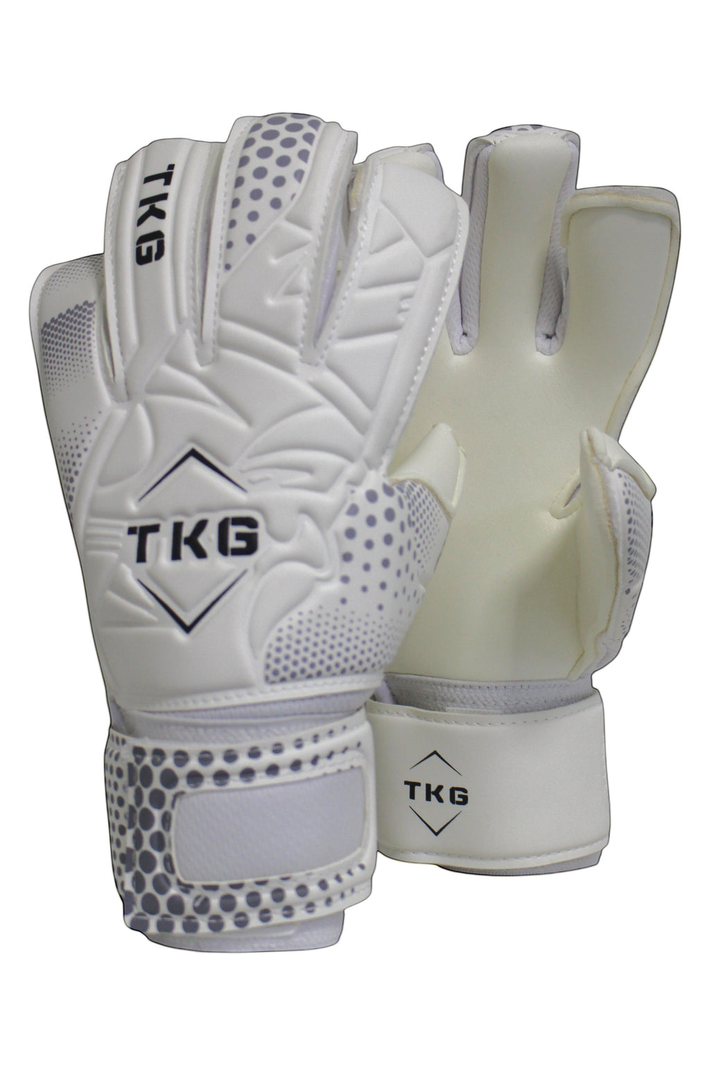 TOTAL KEEPERS white training goalkeeper gloves with grey dot pattern and TKG logo. Ideal for beginners.