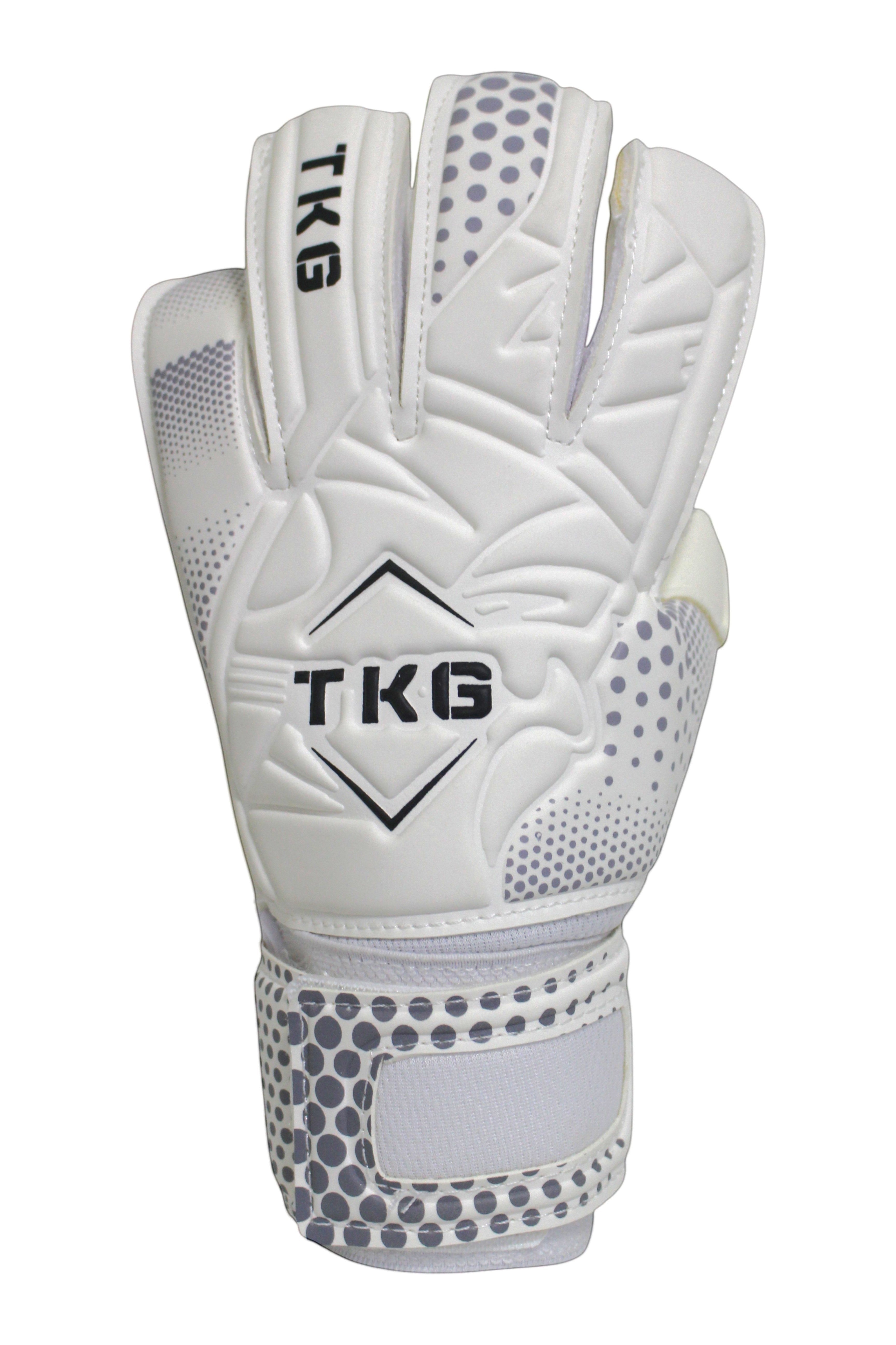 TOTAL KEEPERS white goalkeeper gloves with grey dot pattern and TKG logo, ideal for training and initiation.