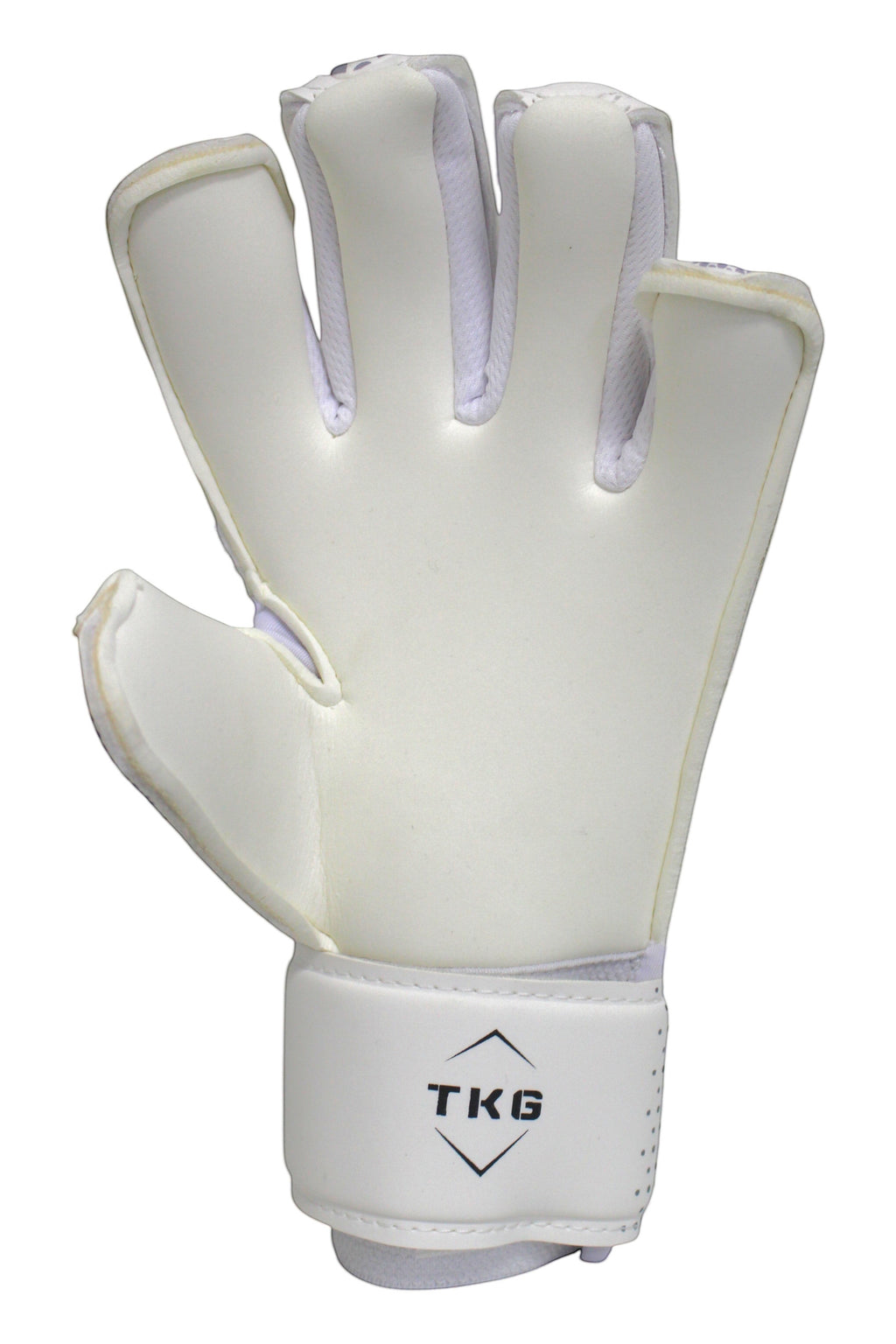 TOTAL KEEPERS white training goalkeeper gloves with reinforced finger protection and adjustable wrist strap.
