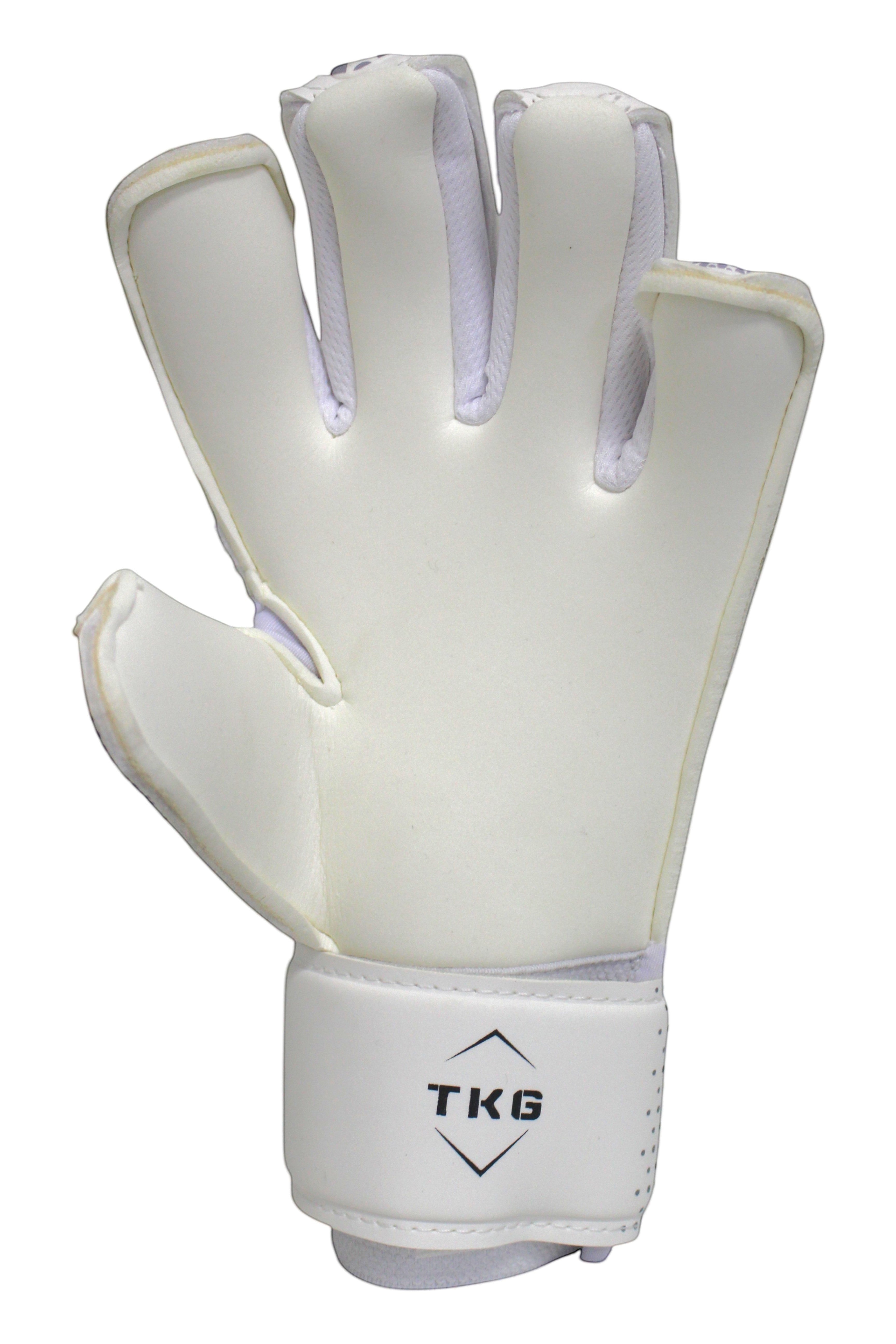 TOTAL KEEPERS white training goalkeeper gloves with reinforced finger protection and adjustable wrist strap.